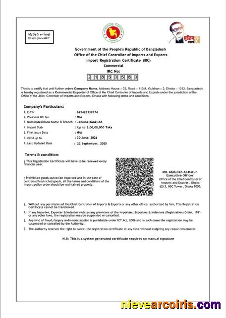 Bangladesh import registration certificate